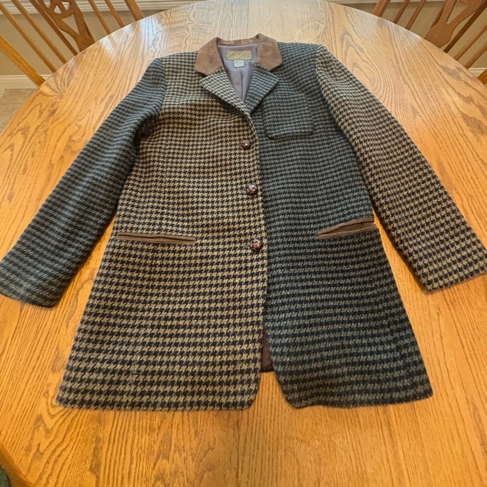 Vintage JL Colebrook brown houndstooth plaid wool blazer Jacket suede collar M